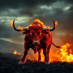 a furious blood-red bull engulfed in flames, with fiery eyes and smoke rising from its body, showcasing intense aggression and power, standing on a charred landscape under a dramatic sky, the environment illuminated by the glow of the fire