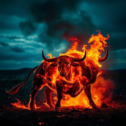a furious blood-red bull engulfed in flames, with fiery eyes and smoke rising from its body, showcasing intense aggression and power, standing on a charred landscape under a dramatic sky, the environment illuminated by the glow of the fire