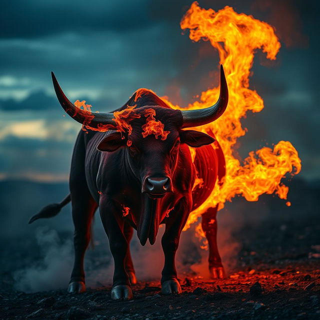 a furious blood-red bull engulfed in flames, with fiery eyes and smoke rising from its body, showcasing intense aggression and power, standing on a charred landscape under a dramatic sky, the environment illuminated by the glow of the fire
