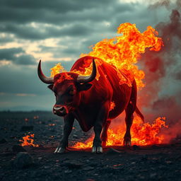 a furious blood-red bull engulfed in flames, with fiery eyes and smoke rising from its body, showcasing intense aggression and power, standing on a charred landscape under a dramatic sky, the environment illuminated by the glow of the fire