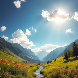 A beautifully enhanced landscape image featuring a lush green valley under a clear blue sky, with vibrant wildflowers in shades of yellow, purple, and red scattered across the foreground