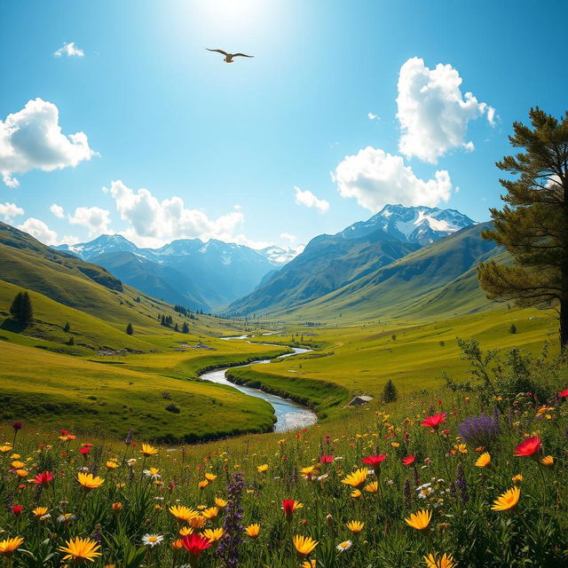 A beautifully enhanced landscape image featuring a lush green valley under a clear blue sky, with vibrant wildflowers in shades of yellow, purple, and red scattered across the foreground