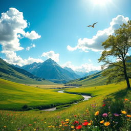 A beautifully enhanced landscape image featuring a lush green valley under a clear blue sky, with vibrant wildflowers in shades of yellow, purple, and red scattered across the foreground