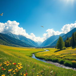 A beautifully enhanced landscape image featuring a lush green valley under a clear blue sky, with vibrant wildflowers in shades of yellow, purple, and red scattered across the foreground