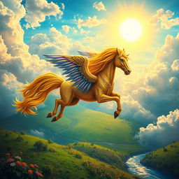A majestic, vibrant depiction of a fantastical creature resembling a winged horse, known as a 'خر فرشته' (Khar Farishteh), soaring through a bright and colorful sky filled with fluffy clouds