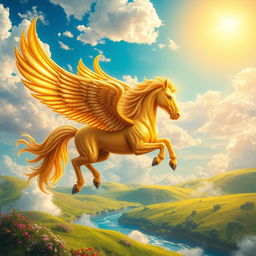 A majestic, vibrant depiction of a fantastical creature resembling a winged horse, known as a 'خر فرشته' (Khar Farishteh), soaring through a bright and colorful sky filled with fluffy clouds