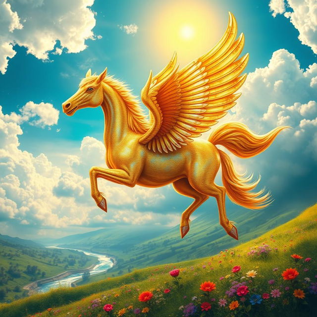 A majestic, vibrant depiction of a fantastical creature resembling a winged horse, known as a 'خر فرشته' (Khar Farishteh), soaring through a bright and colorful sky filled with fluffy clouds