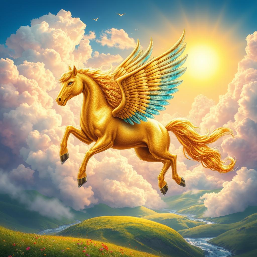 A majestic, vibrant depiction of a fantastical creature resembling a winged horse, known as a 'خر فرشته' (Khar Farishteh), soaring through a bright and colorful sky filled with fluffy clouds