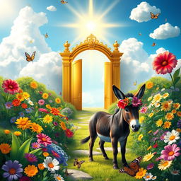 An imaginative and whimsical depiction of a colorful garden representing heaven, with lush greenery, vibrant flowers in every hue, and a serene atmosphere