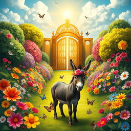 An imaginative and whimsical depiction of a colorful garden representing heaven, with lush greenery, vibrant flowers in every hue, and a serene atmosphere