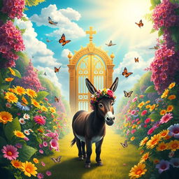 An imaginative and whimsical depiction of a colorful garden representing heaven, with lush greenery, vibrant flowers in every hue, and a serene atmosphere