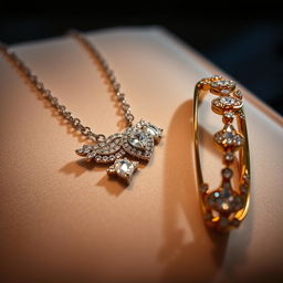An elegant display of a diamond necklace embellished with sparkling gemstones, resting on a soft velvet surface