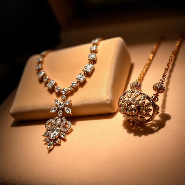 An elegant display of a diamond necklace embellished with sparkling gemstones, resting on a soft velvet surface
