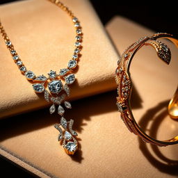 An elegant display of a diamond necklace embellished with sparkling gemstones, resting on a soft velvet surface