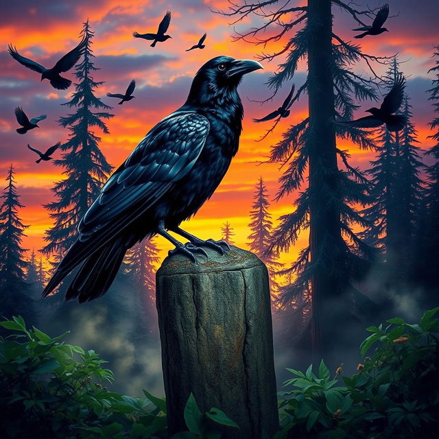 A mystical scene featuring a large, wise crow perched atop a weathered stone pillar, surrounded by an enchanting forest under a twilight sky