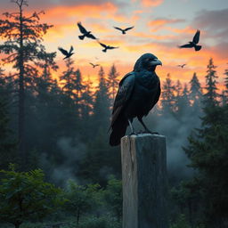 A mystical scene featuring a large, wise crow perched atop a weathered stone pillar, surrounded by an enchanting forest under a twilight sky