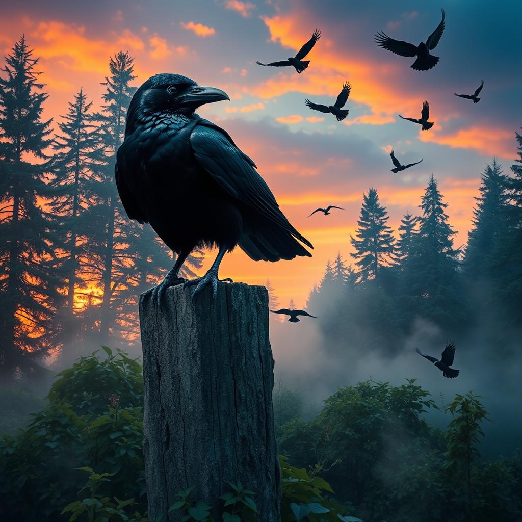 A mystical scene featuring a large, wise crow perched atop a weathered stone pillar, surrounded by an enchanting forest under a twilight sky