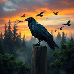 A mystical scene featuring a large, wise crow perched atop a weathered stone pillar, surrounded by an enchanting forest under a twilight sky