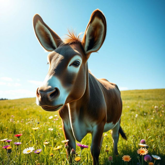 A surreal and whimsical creature that is a blend of a cow and a donkey, showcasing the sturdy body of a cow with the long ears and face of a donkey