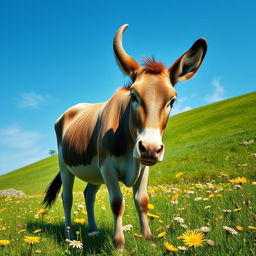 A surreal and whimsical creature that is a blend of a cow and a donkey, showcasing the sturdy body of a cow with the long ears and face of a donkey