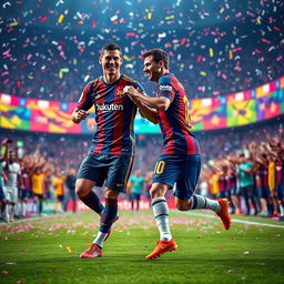 A dynamic scene featuring Cristiano Ronaldo and Lionel Messi dancing joyfully together on a vibrant soccer field, surrounded by cheering fans