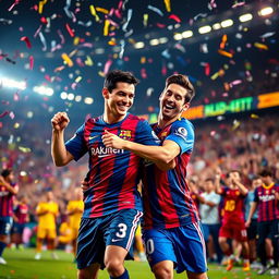 A dynamic scene featuring Cristiano Ronaldo and Lionel Messi dancing joyfully together on a vibrant soccer field, surrounded by cheering fans