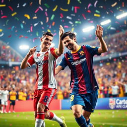 A dynamic scene featuring Cristiano Ronaldo and Lionel Messi dancing joyfully together on a vibrant soccer field, surrounded by cheering fans