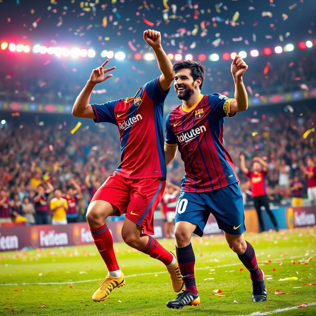 A dynamic scene featuring Cristiano Ronaldo and Lionel Messi dancing joyfully together on a vibrant soccer field, surrounded by cheering fans