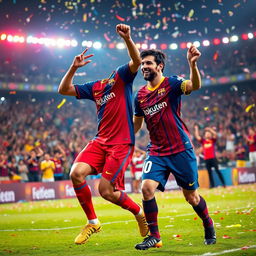 A dynamic scene featuring Cristiano Ronaldo and Lionel Messi dancing joyfully together on a vibrant soccer field, surrounded by cheering fans