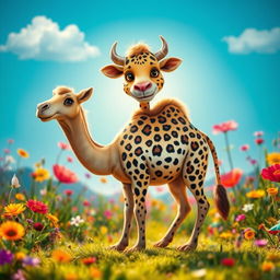 A whimsical scene featuring a fantastical creature that is a blend of a camel, a cow, and a leopard, standing in a vibrant, lush landscape