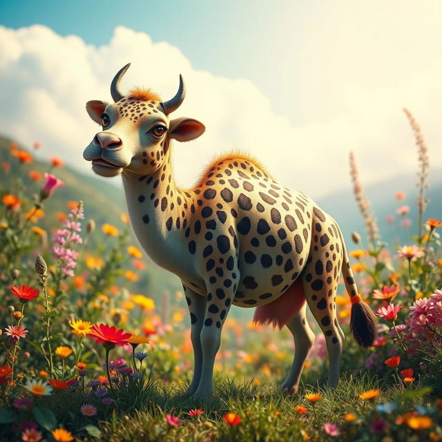 A whimsical scene featuring a fantastical creature that is a blend of a camel, a cow, and a leopard, standing in a vibrant, lush landscape