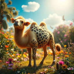 A whimsical scene featuring a fantastical creature that is a blend of a camel, a cow, and a leopard, standing in a vibrant, lush landscape