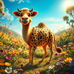 A whimsical scene featuring a fantastical creature that is a blend of a camel, a cow, and a leopard, standing in a vibrant, lush landscape