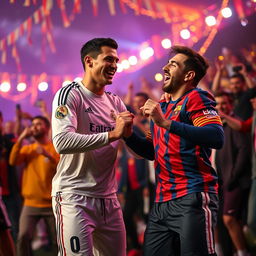 A vibrant scene showcasing world-renowned soccer stars, Cristiano Ronaldo and Lionel Messi, joyfully dancing together in a festive atmosphere