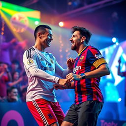 A vibrant scene showcasing world-renowned soccer stars, Cristiano Ronaldo and Lionel Messi, joyfully dancing together in a festive atmosphere