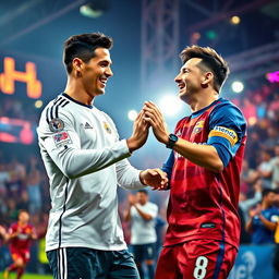 A vibrant scene showcasing world-renowned soccer stars, Cristiano Ronaldo and Lionel Messi, joyfully dancing together in a festive atmosphere