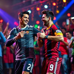 A vibrant scene showcasing world-renowned soccer stars, Cristiano Ronaldo and Lionel Messi, joyfully dancing together in a festive atmosphere