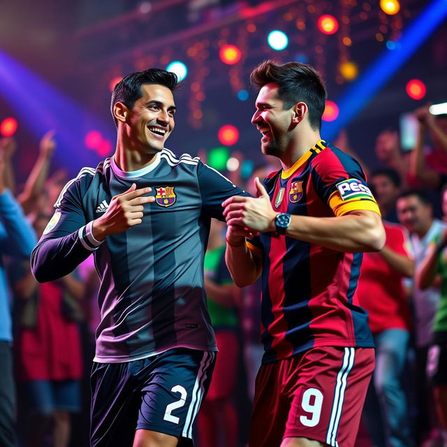 A vibrant scene showcasing world-renowned soccer stars, Cristiano Ronaldo and Lionel Messi, joyfully dancing together in a festive atmosphere