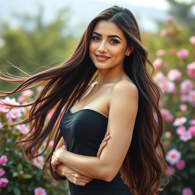 A stunning portrait of a slim, elegant Iranian woman resembling Naeimeh Nazem Doost, displaying a graceful pose with long flowing hair, dressed in a stylish modern outfit that accentuates her slim figure