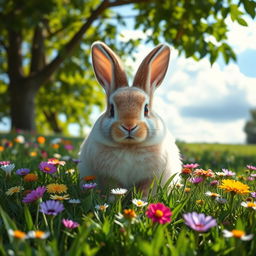 A round, fluffy rabbit sitting in a lush green meadow filled with colorful wildflowers