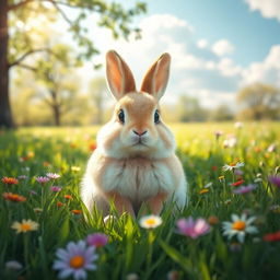A round, fluffy rabbit sitting in a lush green meadow filled with colorful wildflowers