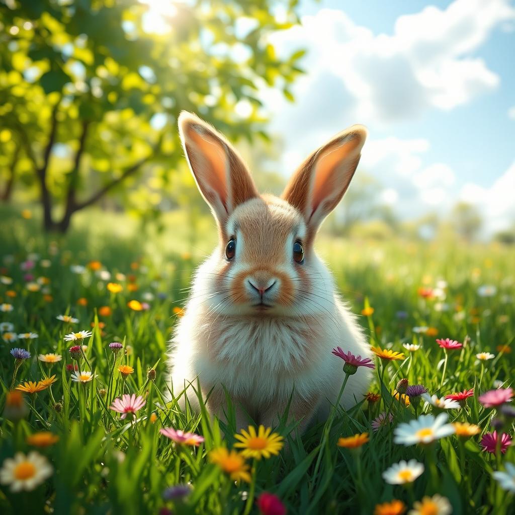 A round, fluffy rabbit sitting in a lush green meadow filled with colorful wildflowers