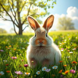 A round, fluffy rabbit sitting in a lush green meadow filled with colorful wildflowers