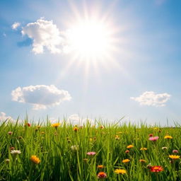 A bright, radiant sun shining in a clear blue sky with a few fluffy white clouds, casting warm golden rays of light