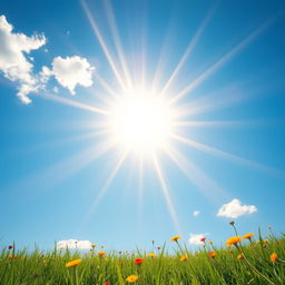 A bright, radiant sun shining in a clear blue sky with a few fluffy white clouds, casting warm golden rays of light
