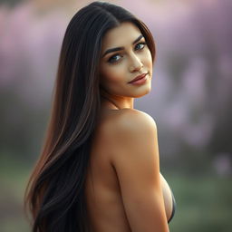 A portrait of a beautiful woman with long, dark hair, radiating confidence and elegance