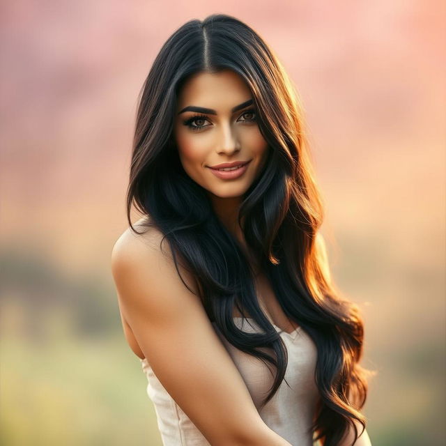 A portrait of a beautiful woman with long, dark hair, radiating confidence and elegance