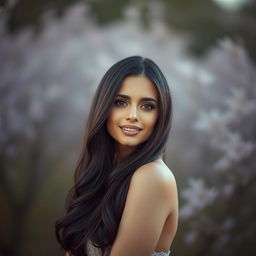 A portrait of a beautiful woman with long, dark hair, radiating confidence and elegance