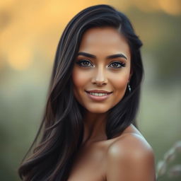 A portrait of a beautiful woman with long, dark hair, radiating confidence and elegance
