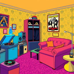 A vibrant retro-themed illustration depicting a room from the late 1970s, with stylish furniture, patterned wallpaper, and vintage decor